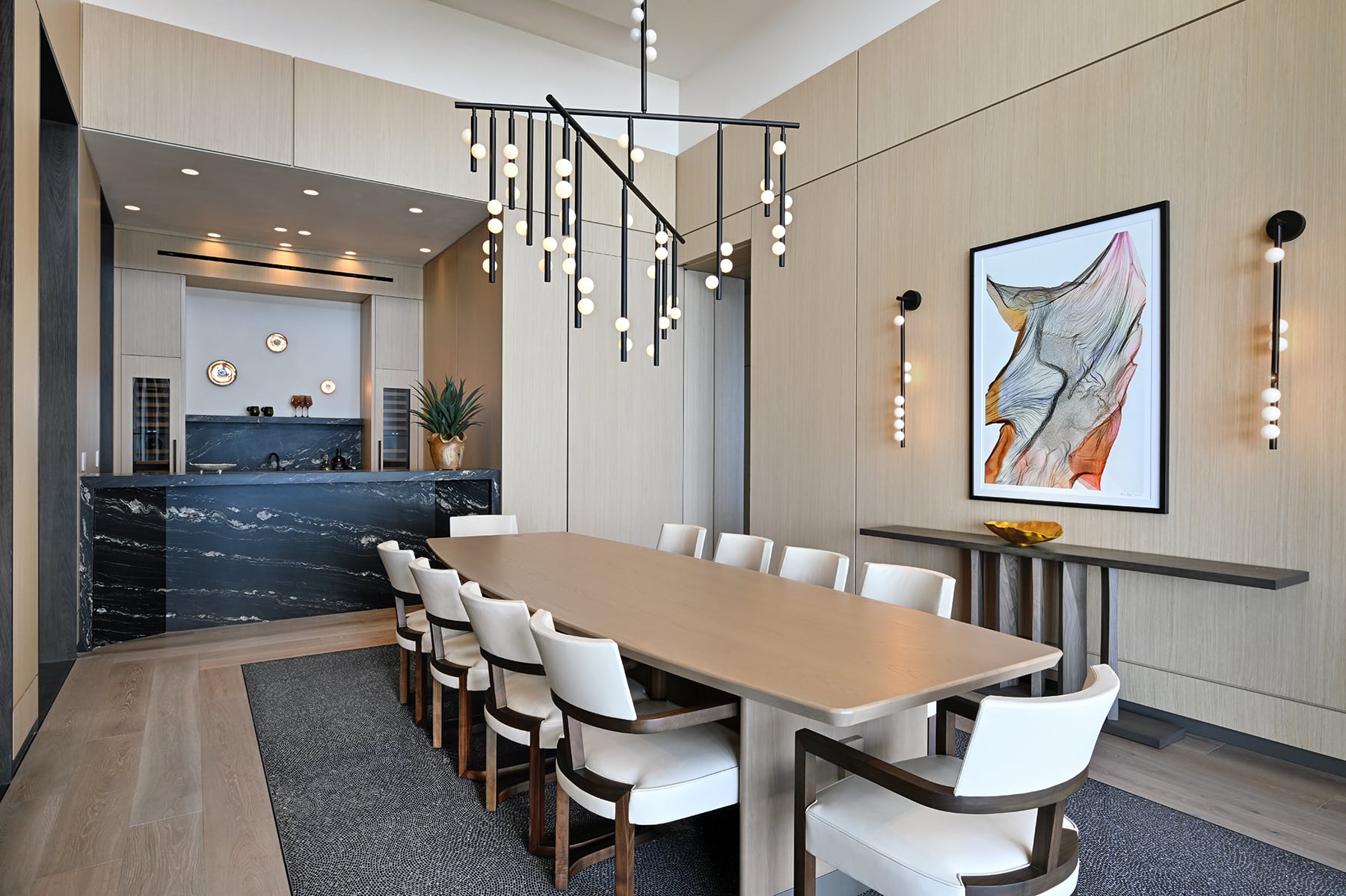 Dining room, lit for evening