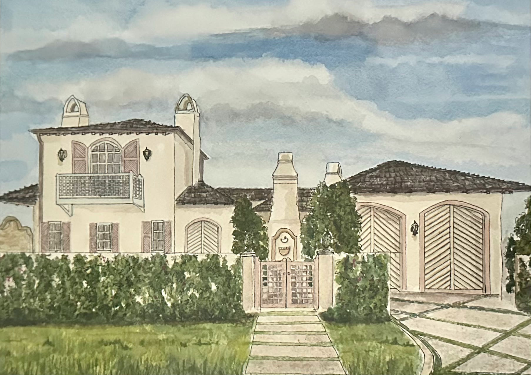 Watercolor study of a Bluedoor home