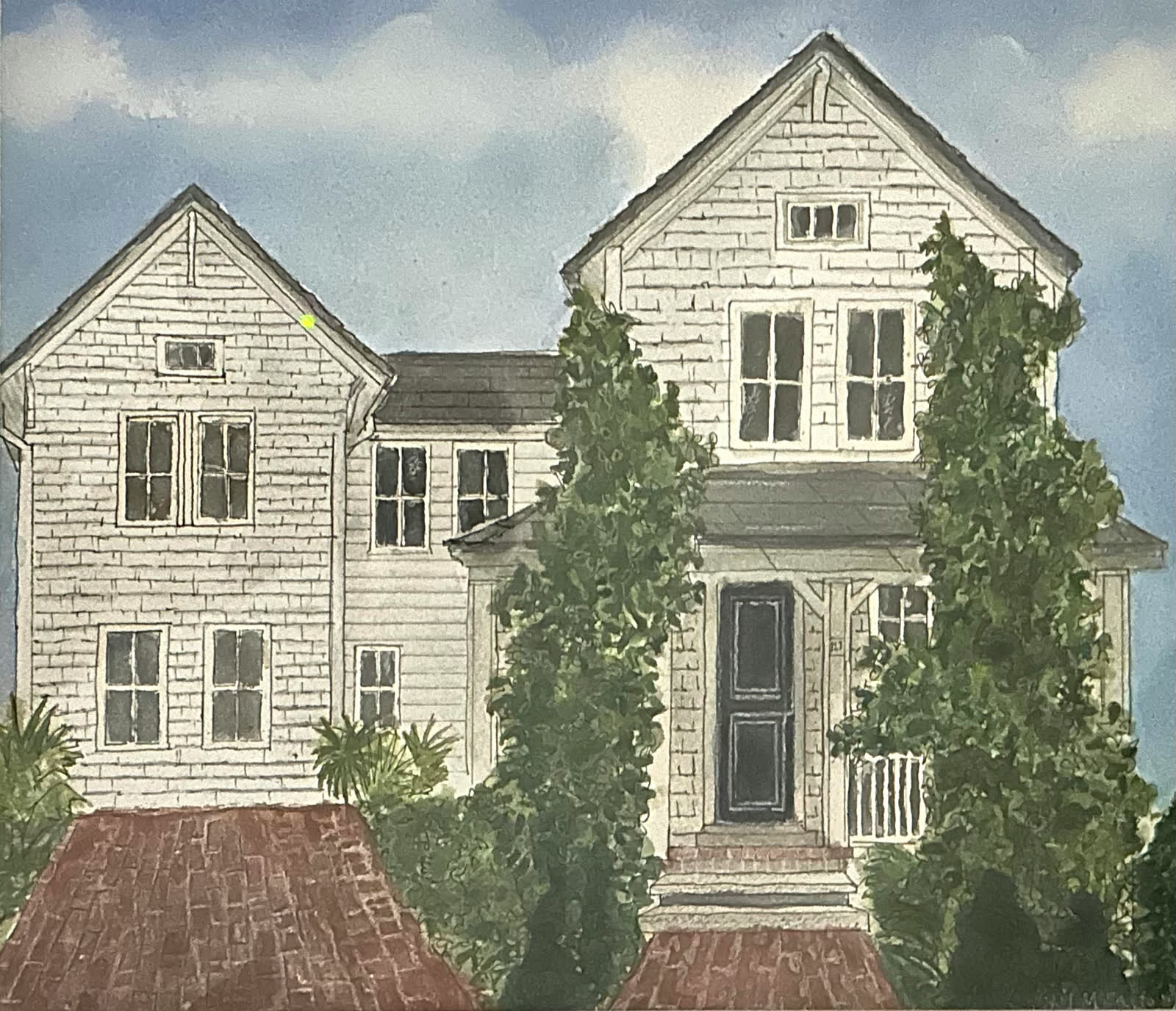 Watercolor study of a Bluedoor home