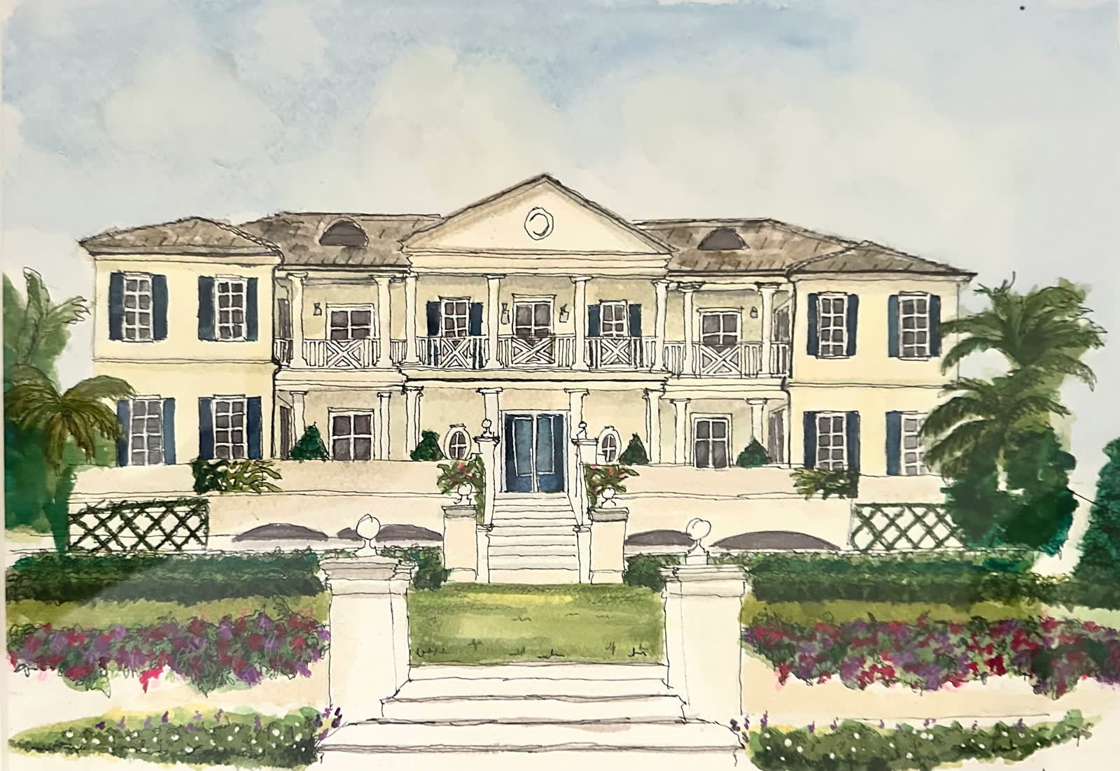 Watercolor study of a Bluedoor home