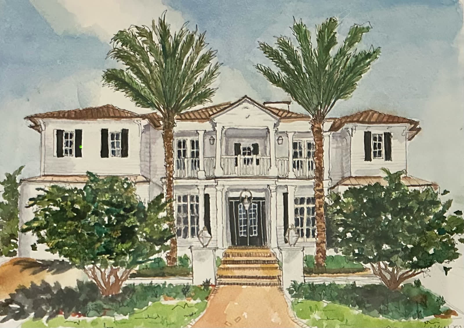 Watercolor study of a Bluedoor home