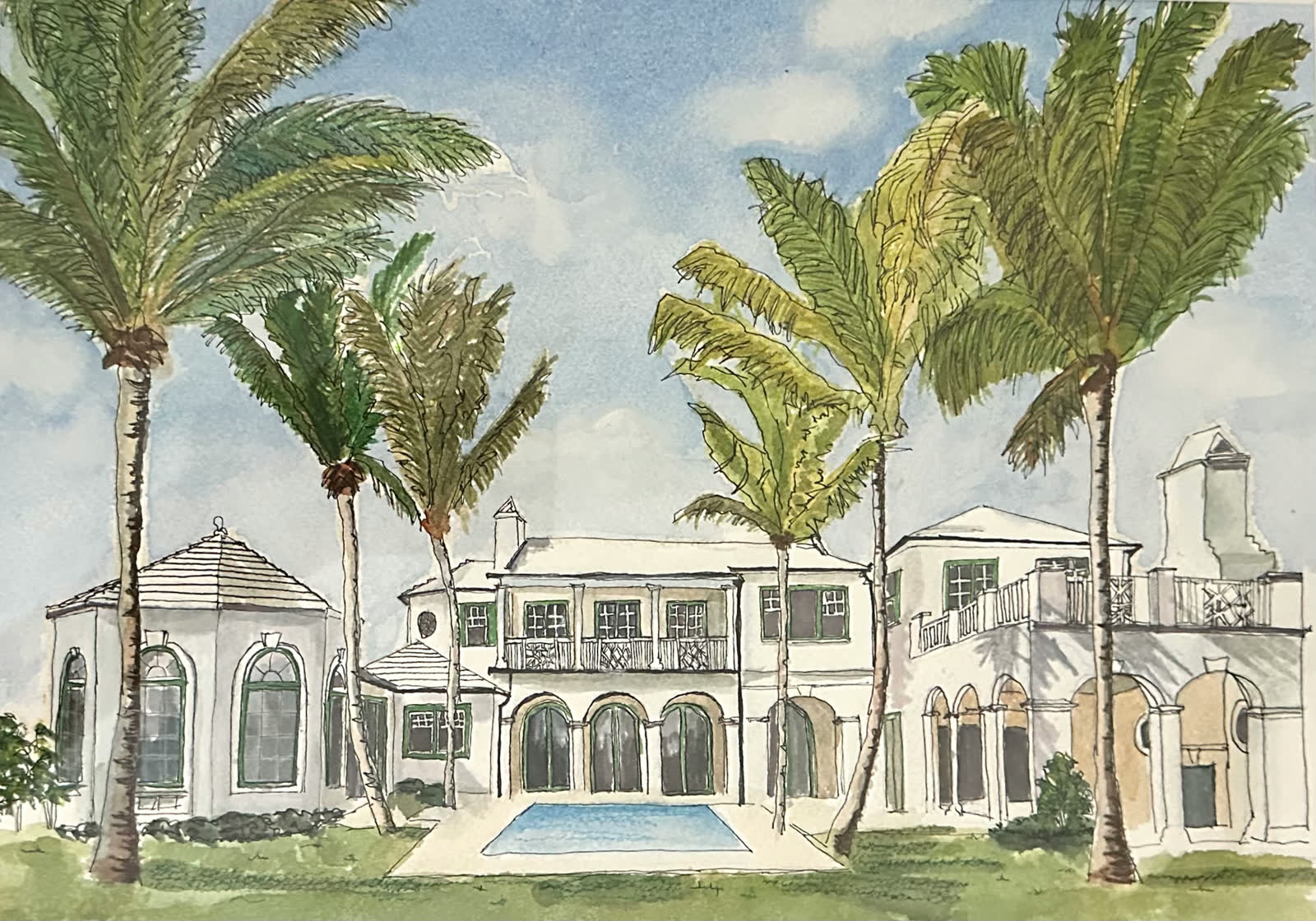 Watercolor study of a Bluedoor home